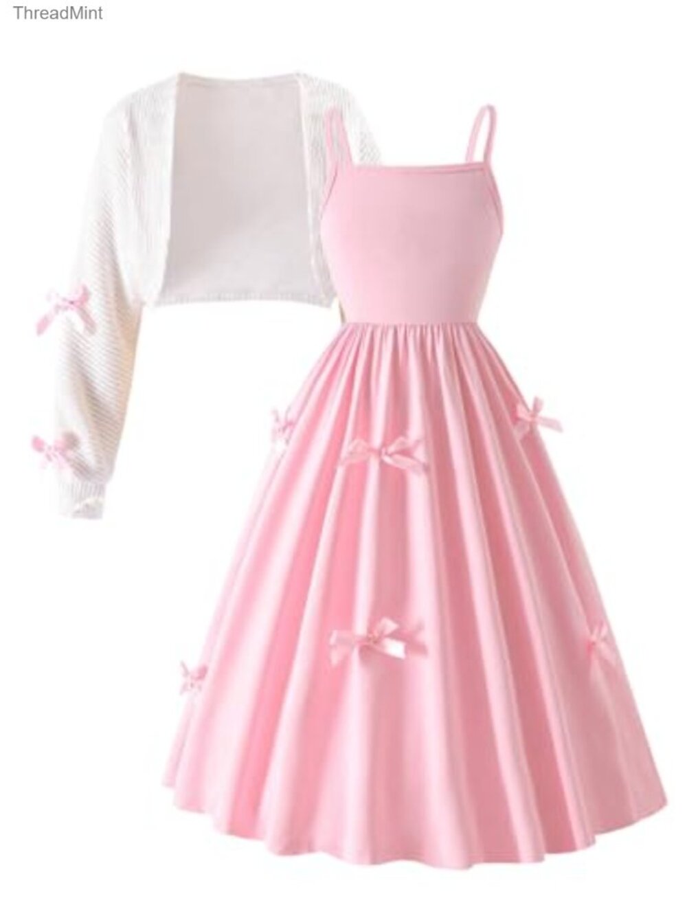 2pc Girl's Bow Dress & Cardigan Set Sleeveless Ruffle A-Line Maxi Dress with